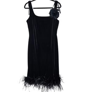 Vintage 90s Cachet 14 Black Velvet Ostrich Feather Trim Glam Dress Cocktail
